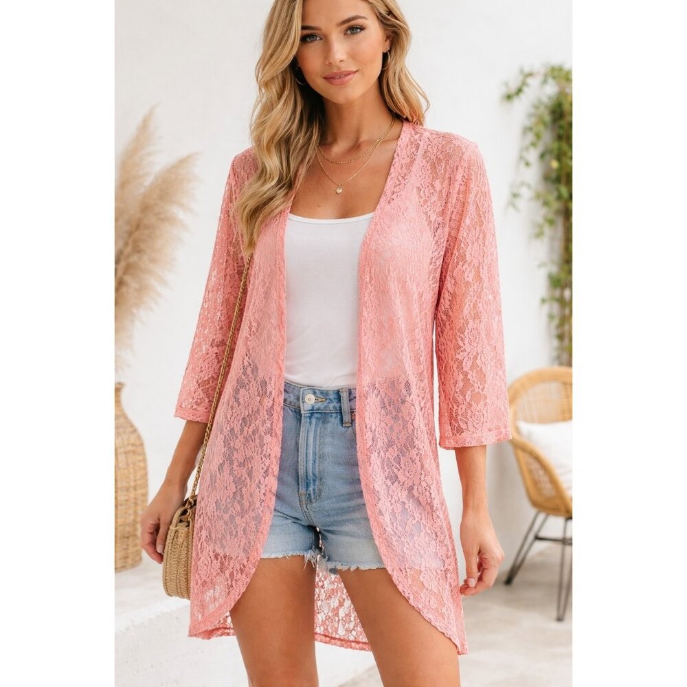 Double Take Lace Kimono‎ Cardigan XL Coral Sheer Boho Duster